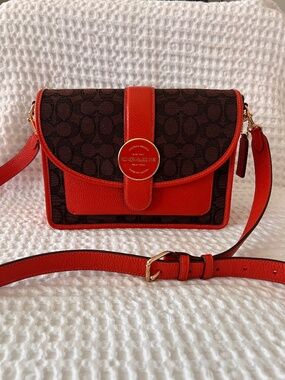 Coach Lonnie Crossbody C8307 Signature Jacquard Red Orange Leather Trim